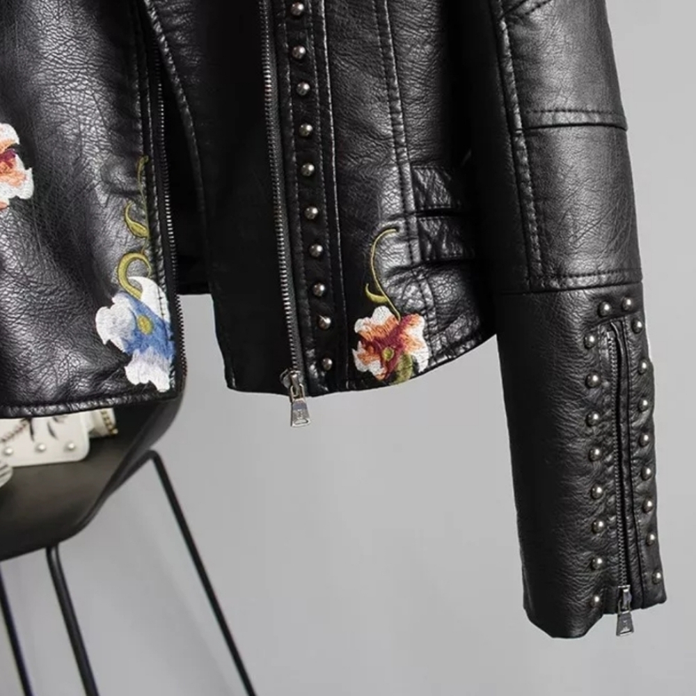Women Leather Floral Print Embroidery Jacket - Picture 7 of 16